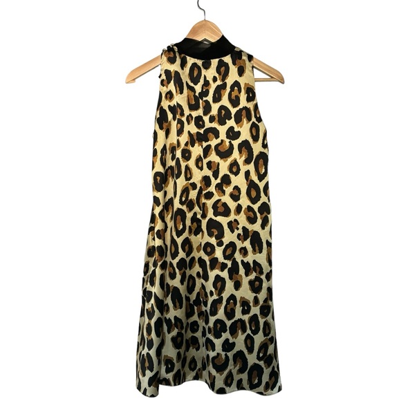 DONNA MORGAN BROWN BLACK LEOPARD PRINT HIGH NECK SILK DRESS 4 - Picture 5 of 7